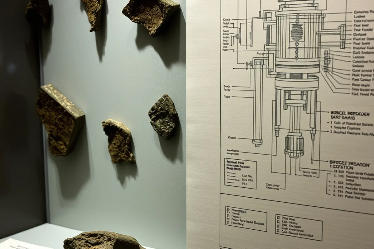 A museum display of corroded bronze fragments beside a detailed diagram