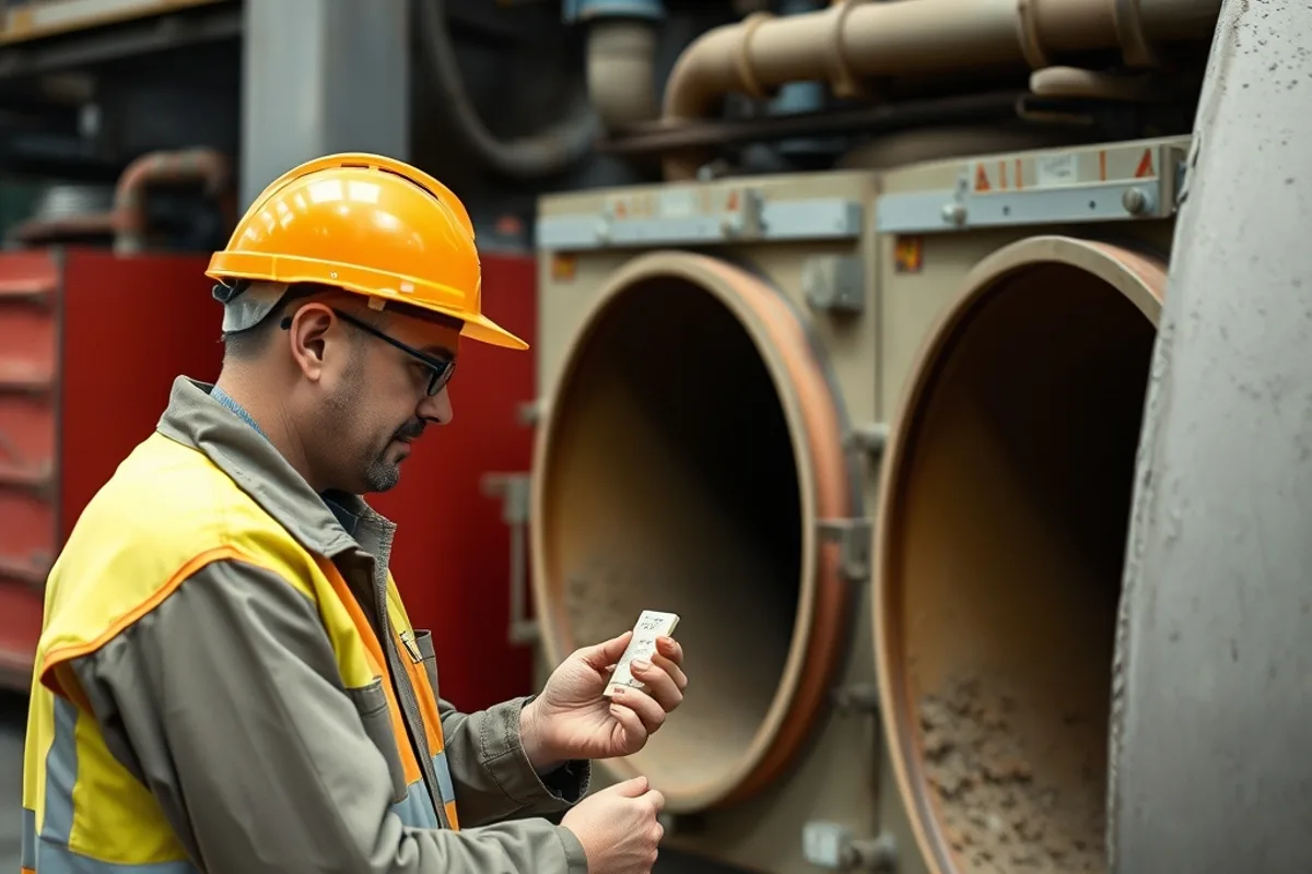 A concrete batching plant with silos and a technician checking a sample
