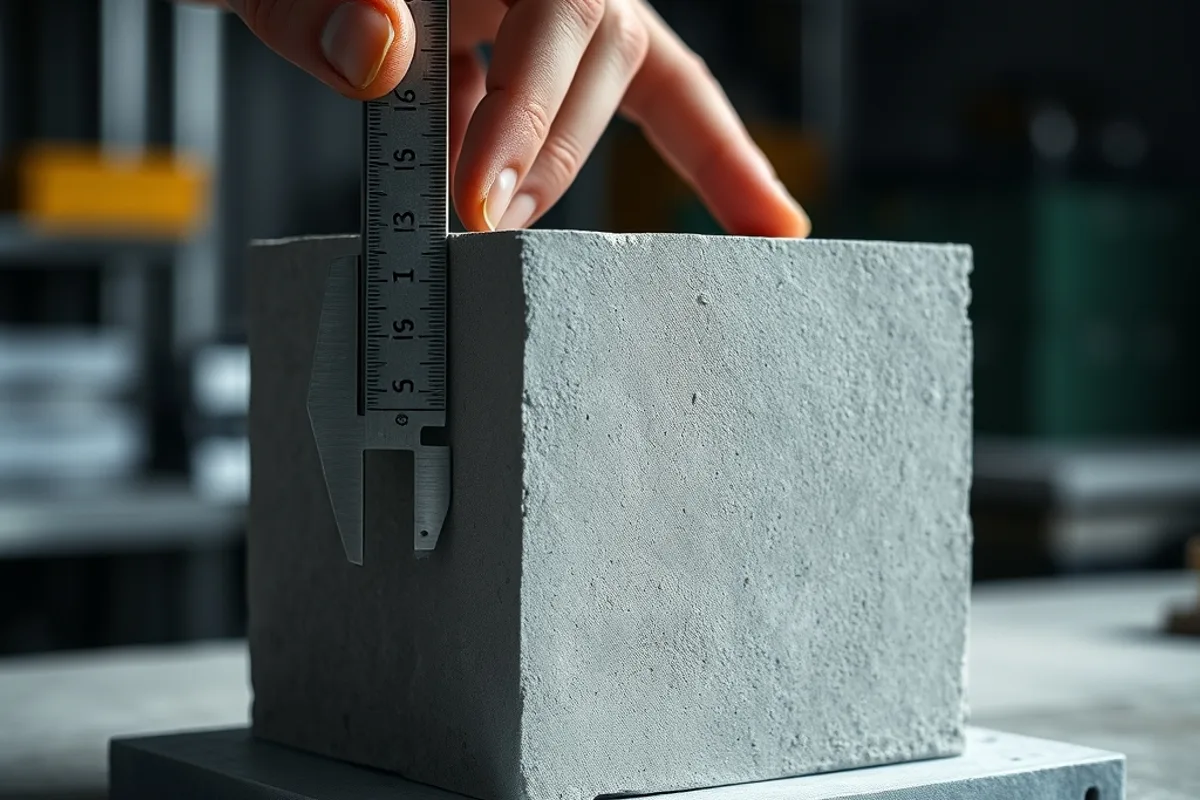 Close-up of a concrete test cube being measured in a laboratory
