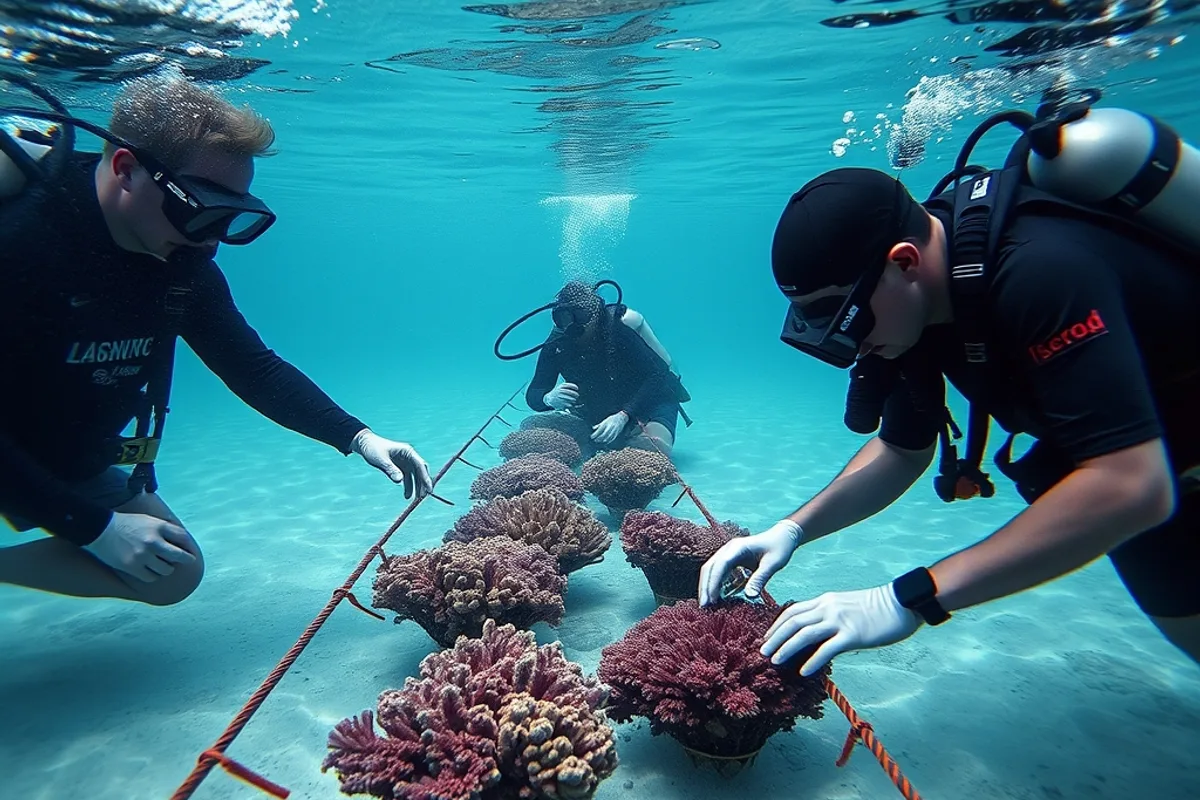 Marine biologists tending coral fragments on underwater nursery lines
