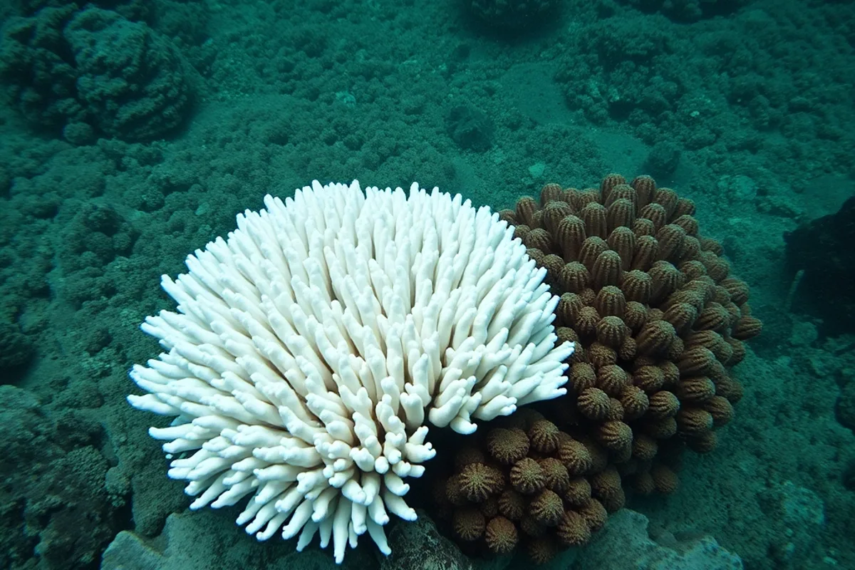 A bleached coral colony on a shallow reef beside healthy coral