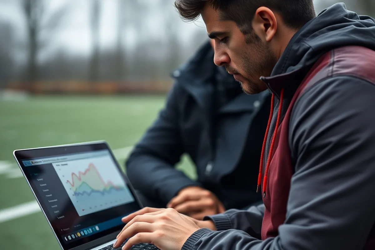An analyst reviewing player tracking data on a laptop at a training ground
