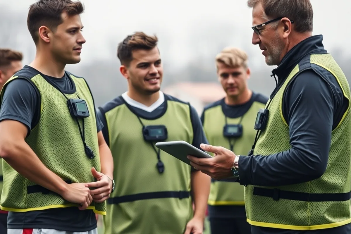 A football training session with players wearing GPS vests and a coach holding a tablet