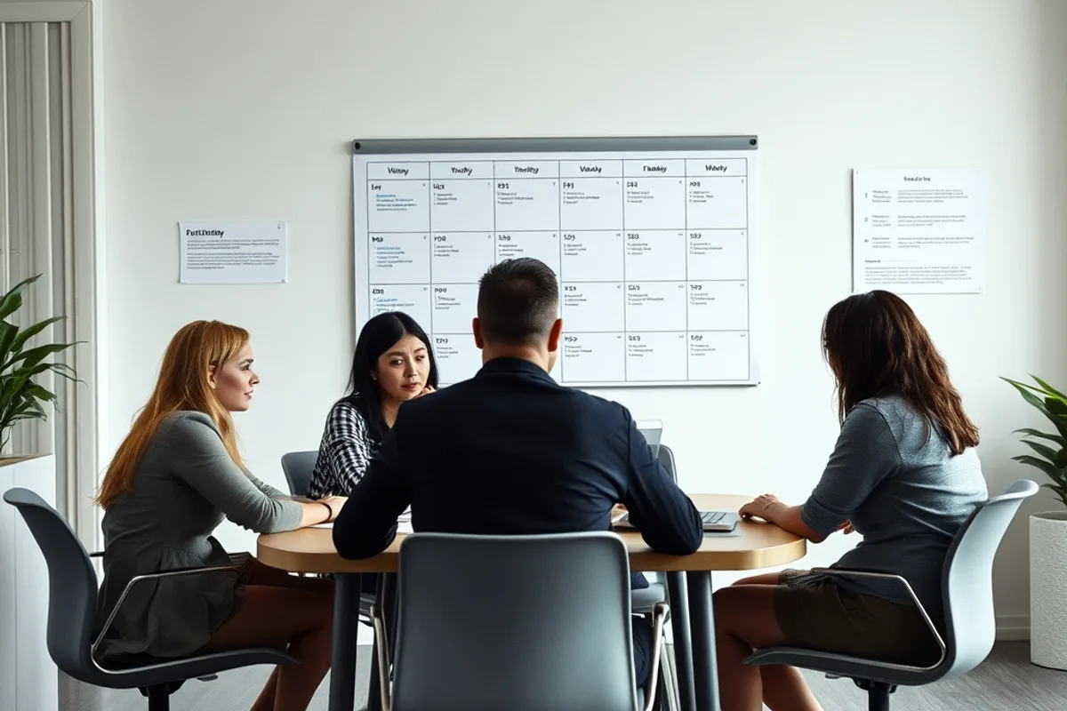 A team meeting in a bright office with a weekly planner on the wall