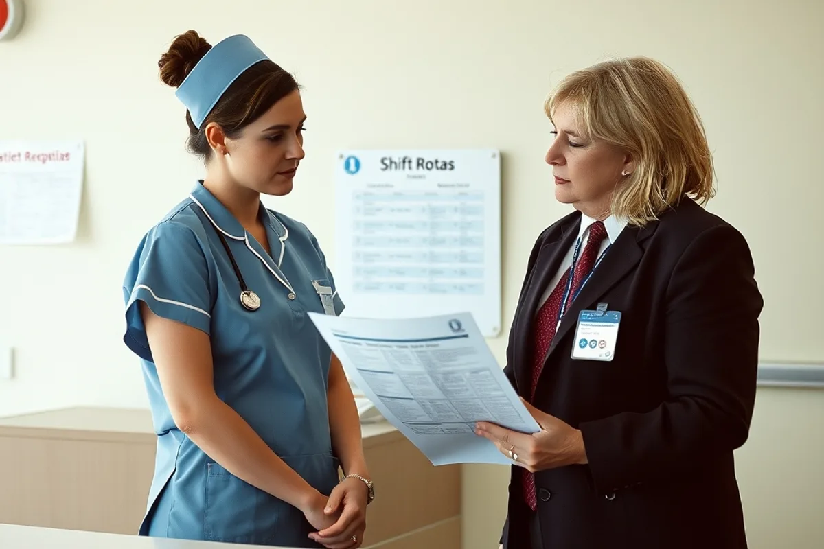 A nurse and an administrator reviewing a shift rota at a hospital desk