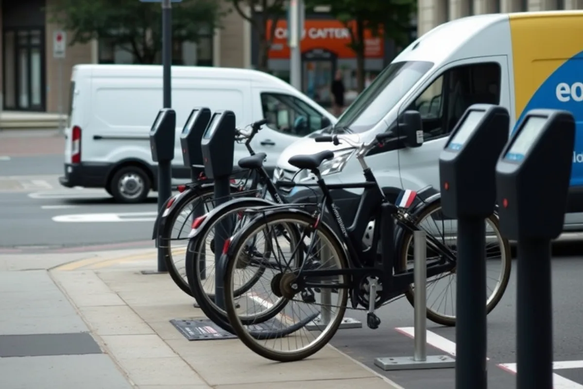 A city street with parking meters, bicycles and a delivery van at the kerb