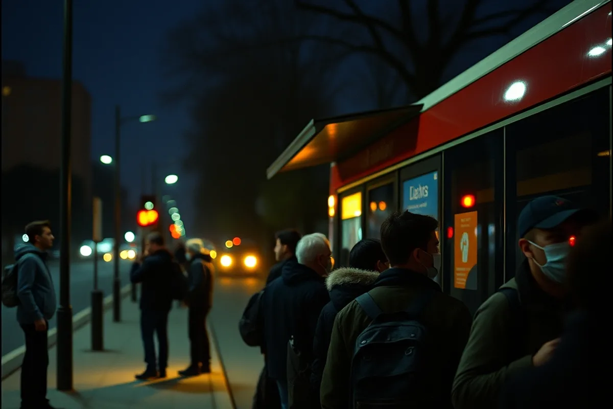 An early morning bus stop with a few commuters waiting under street lights