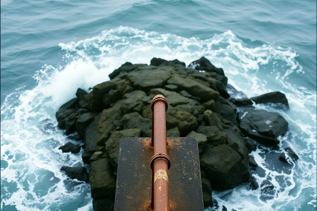A stone lighthouse on a remote rocky island under a grey sky