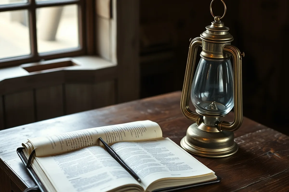An open leather logbook and a brass lamp on a wooden table