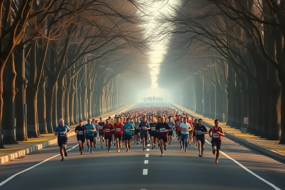 Runners crossing a wide city bridge during a marathon at sunrise