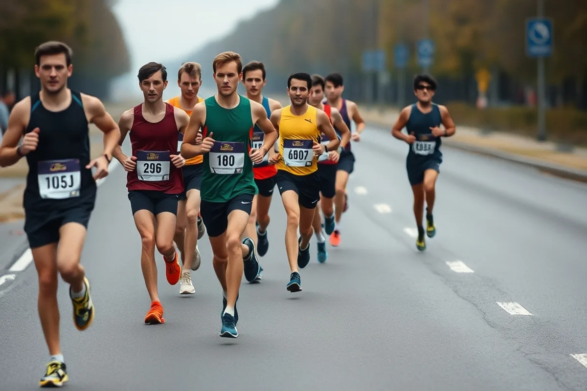 A group of marathon runners in formation behind a pacemaker on a flat road