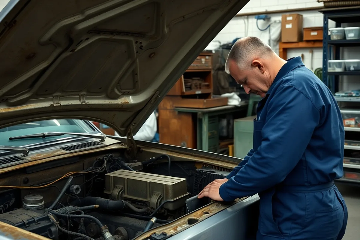 A mechanic inspecting the engine bay of an older sedan in a workshop
