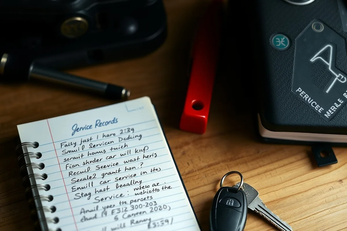 A notebook with service records and a set of car keys on a workbench