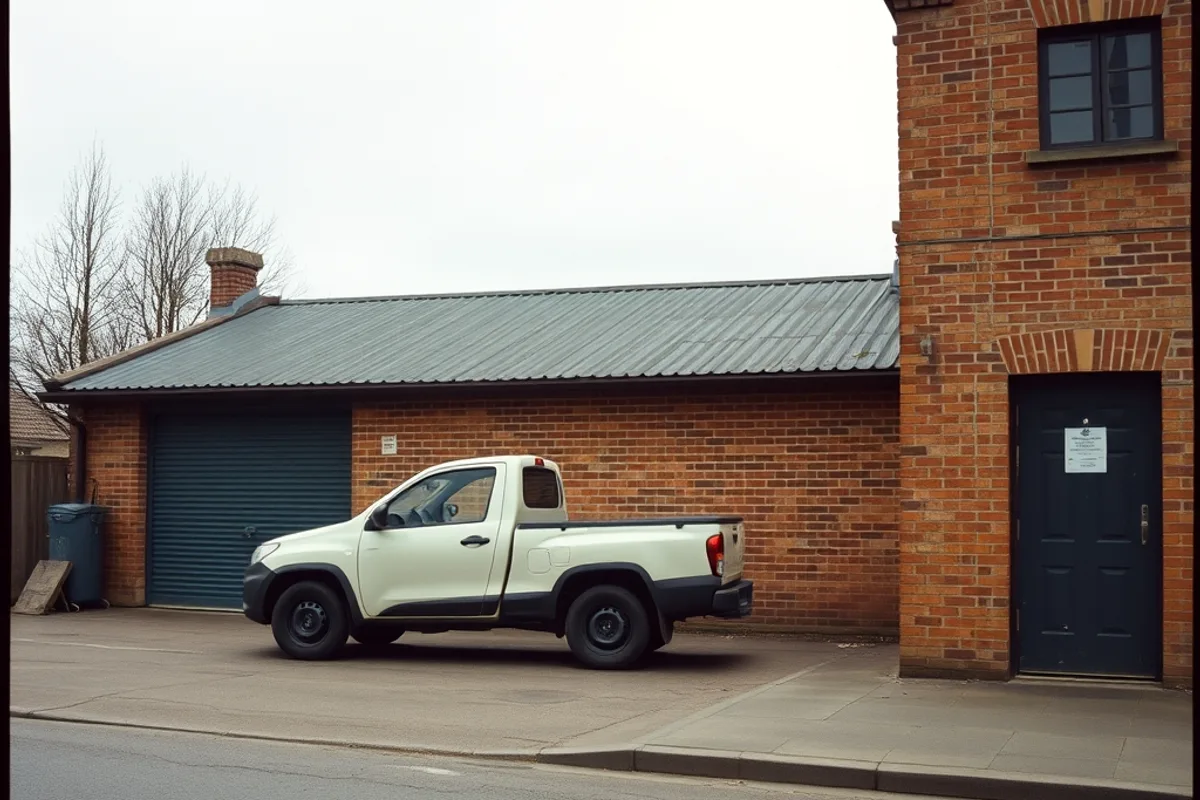 A compact electric pickup parked beside a low brick workshop building