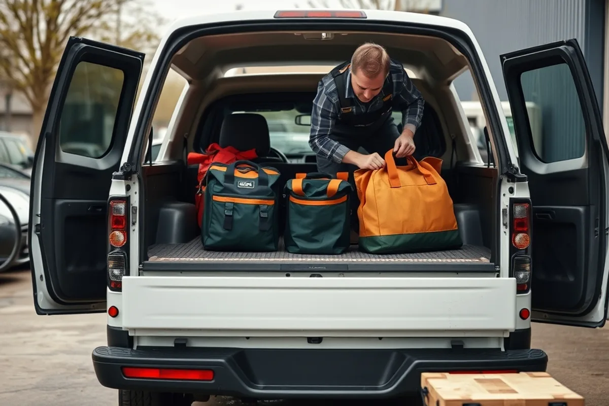 A worker loading tool bags into the bed of a compact electric truck